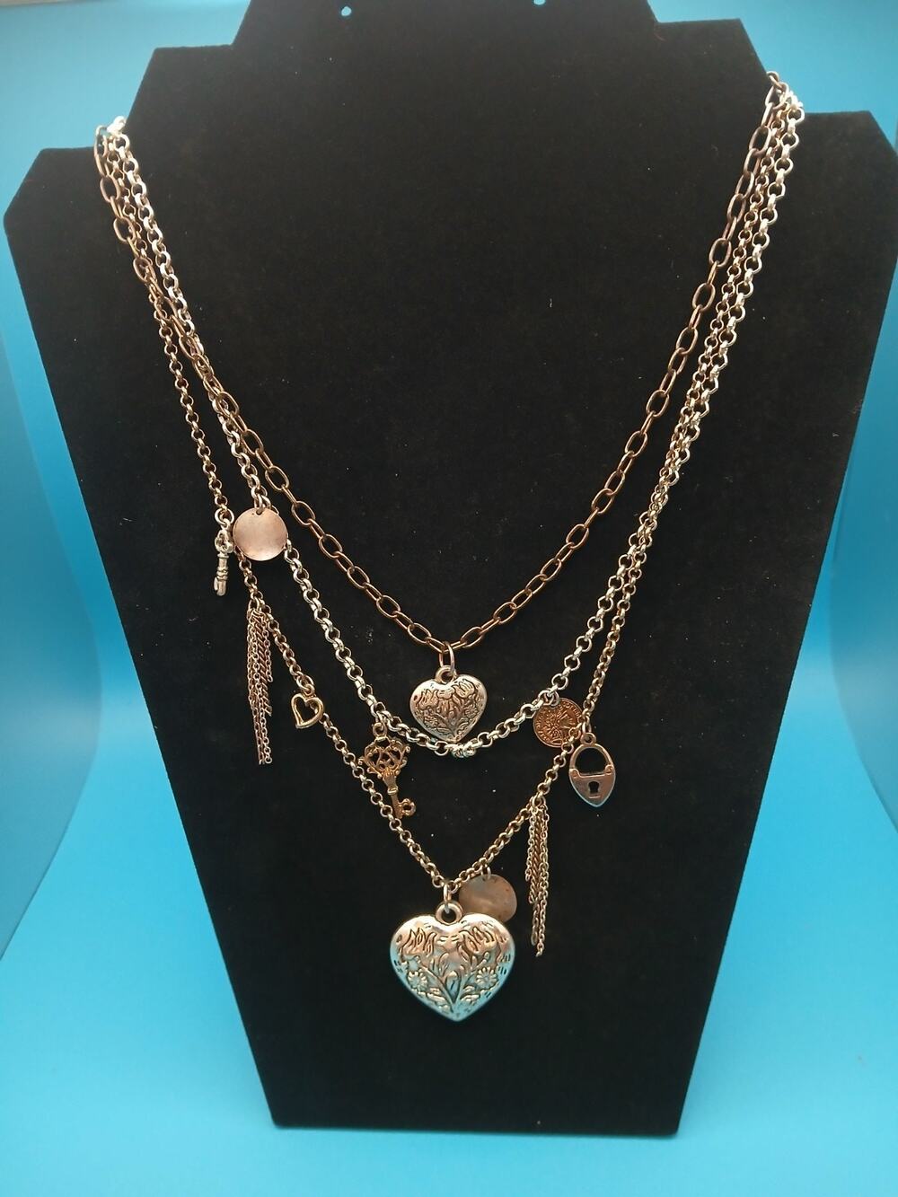 Vintage Signed VJ 3 Row Necklace Heart Keys Lock Coin Multi Tone Metal 18-21"